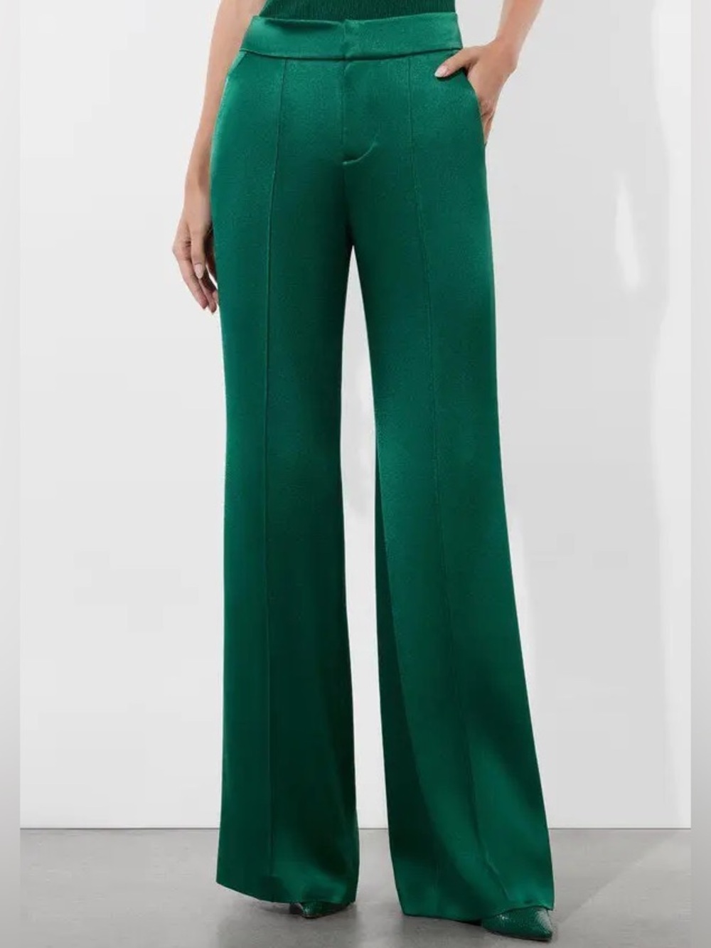 NEW NWT Alice + Olivia Dylan Satin Wide Leg Pants In Forest Green - Picture 1 of 13